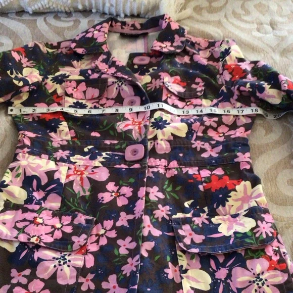 Tara Jarmon for Target Floral Trench Jacket (S) Pink Navy Cotton Statement Coat - Picture 7 of 15